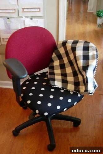 Coordinating Fabrics for Chair Makeover Removable cover on office chair arm with coordinating fabrics