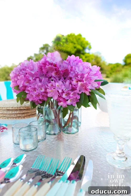 Beautiful Flower Arrangements Made Simple 8 Group of recycled soda or wine bottles used as small vases for outdoor decorating.