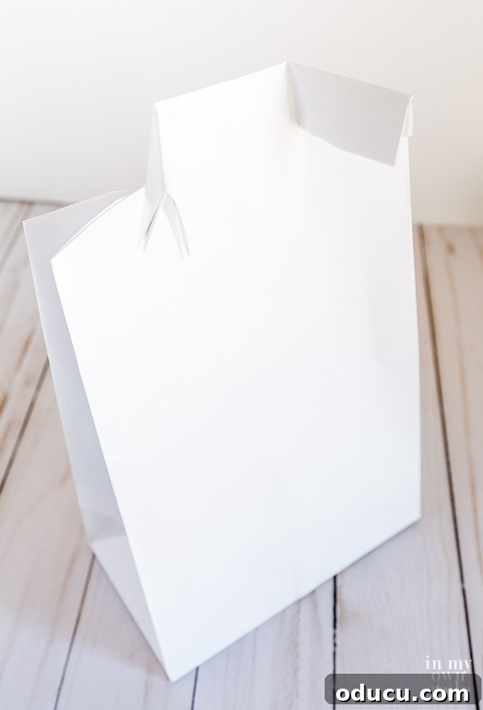 Dad's Heartwarming Father's Day Gift Bag 6 Image demonstrating how to make two short cuts on each side of the folded paper bag, forming the basis for the shirt collar in this DIY Father's Day gift bag tutorial.