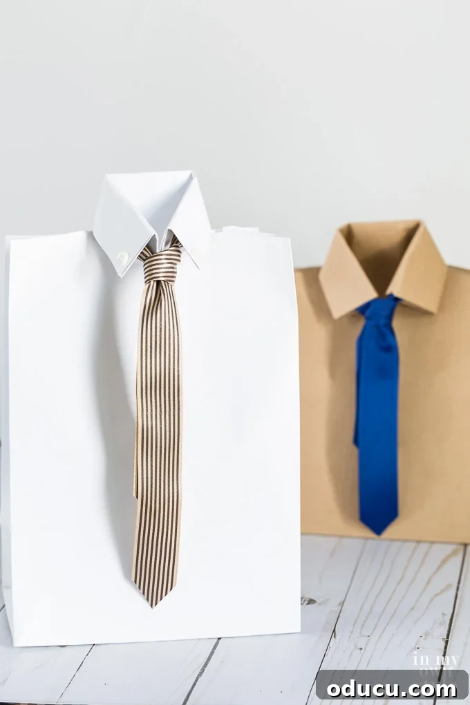 Dad's Heartwarming Father's Day Gift Bag 10 Completed Father's Day gift bag shaped like a men's shirt and tie, featuring optional buttons on the collar for an authentic touch. Perfect for any special man.