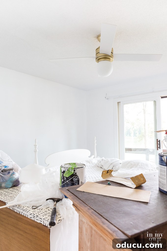 Guest Room Revamp in Motion 6 Hunter Hepburn Ceiling fan in elegant white and gold, a perfect blend of style and functionality