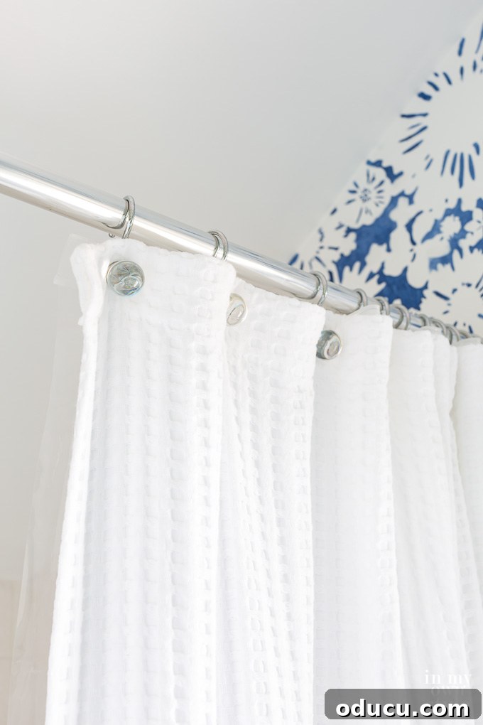 Waffle Hotel shower curtain in small bathroom Waffle Hotel shower curtain in small bathroom
