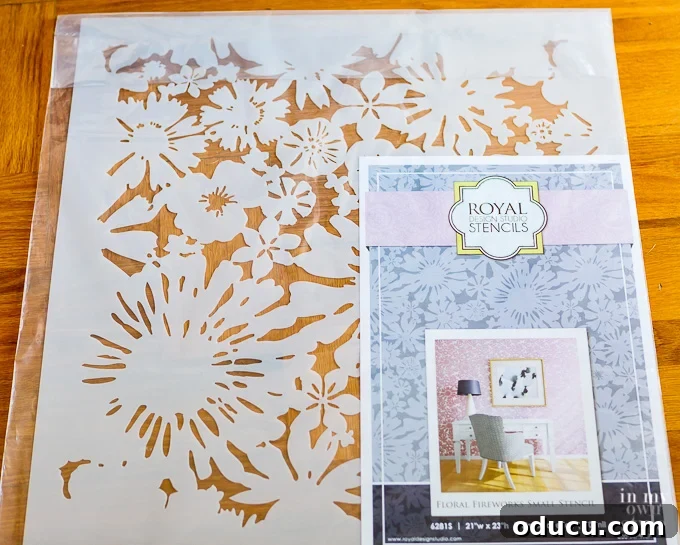 Achieve the Faux Wallpaper Look with Paint and Stencils 7 Royal Design Studio Floral Fireworks stencil, essential for creating faux wallpaper