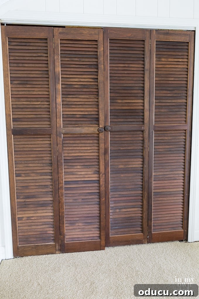 Banish Unsightly Carpet Stains for Good 8 Louvered doors awaiting a fresh coat of paint in a multi-purpose space