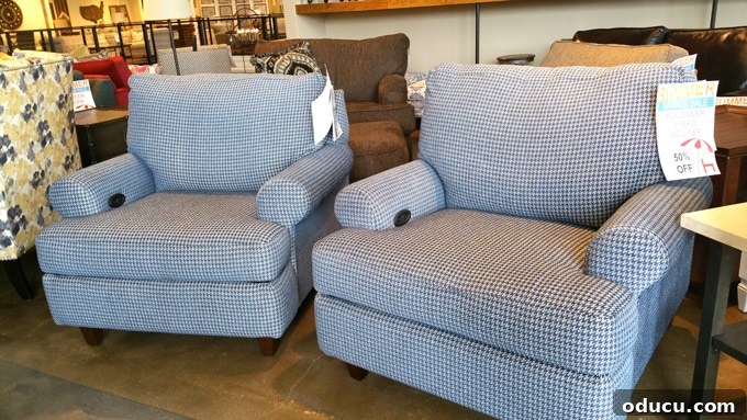 Wanderlust and Wardrobes 3 Stylish hybrid recliners in classic blue and white houndstooth fabric, showcasing a blend of traditional design and modern comfort.