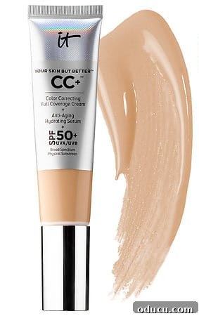 Wanderlust and Wardrobes 10 It Cosmetics CC+ Full Coverage Cream, a popular beauty product known for its color-correcting and skin-perfecting benefits.