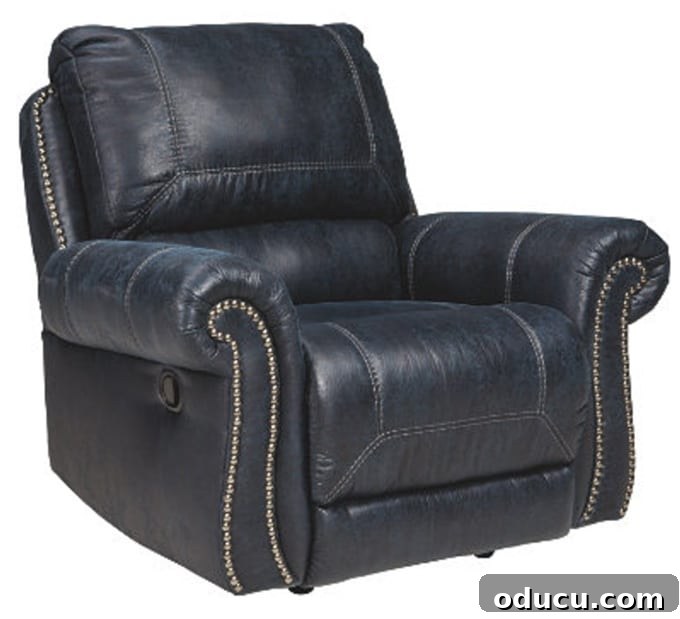 Sofa and Recliner Shopping Adventures 4 Milhaven Recliner - Stylish navy blue leather option for a living room
