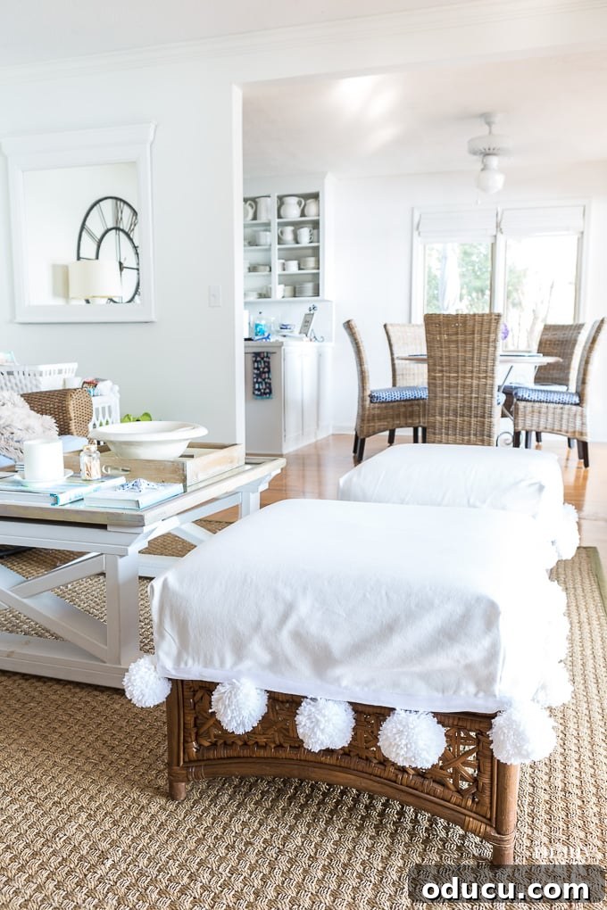 Stylish Ottoman Slipcover with Detachable Pom Pom Accent 3 Close-up of DIY Ottoman Slipcover showcasing Removable Large Pom Pom Trim