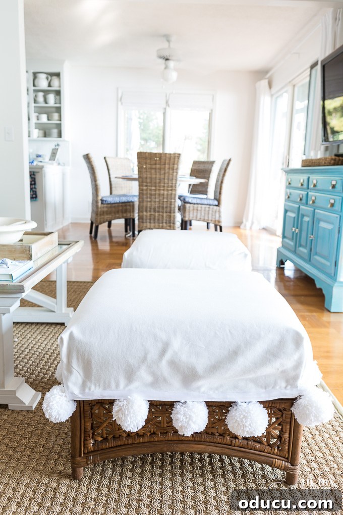 Stylish Ottoman Slipcover with Detachable Pom Pom Accent 23 Coastal Ottoman Slipcover with Removable Large Pom Pom Trim enhancing home aesthetics