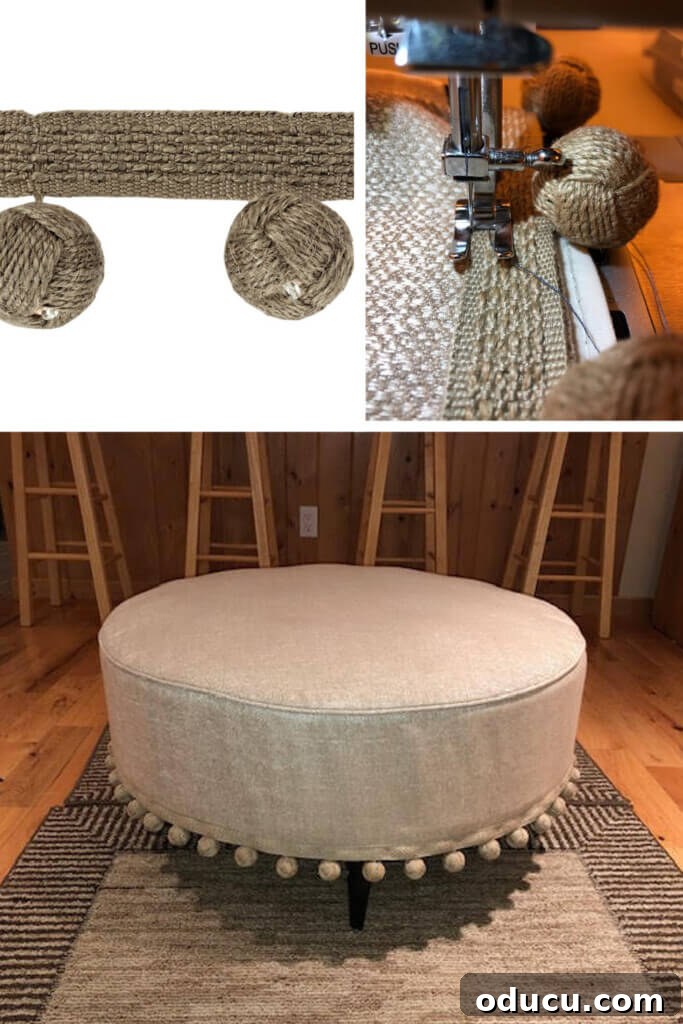 Stylish Ottoman Slipcover with Detachable Pom Pom Accent 24 How to make a jute pom pom trimmed cover for an ottoman. Round ottoman with jute trimmed pom poms around a linen cover.