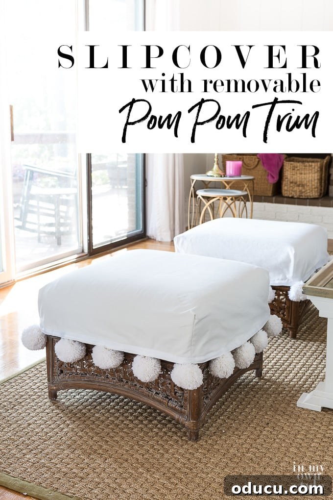 Stylish Ottoman Slipcover with Detachable Pom Pom Accent 25 Discover how to make a fun and flirty pom pom trim for a slipcover, easily removable for laundering. An easy home decorating project.
