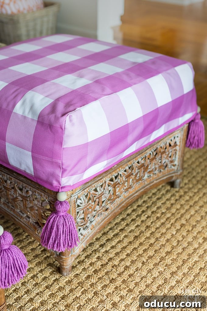 Stylish Ottoman Slipcover with Detachable Pom Pom Accent 4 Seasonal purple and white check ottoman cover with tassels for varied decor