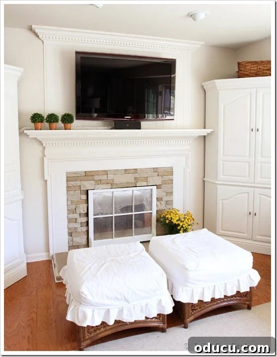 Stylish Ottoman Slipcover with Detachable Pom Pom Accent 5 Ottomans used to stylishly hide TV cords on a wall mounted TV