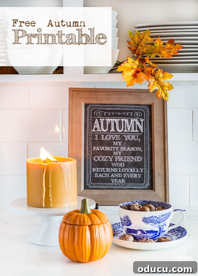 Autumn Quote Free Printable to use to decorate your home for fall, featuring a rustic chalkboard design