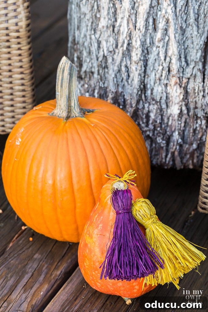 Falling for Our Home: An Autumn Showcase 15 No carving pumpkin decorating ideas. Add a raffia tassel or two.