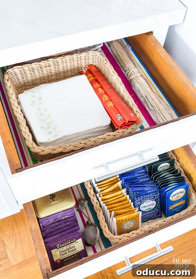 Completed drawer lining project with organized contents How-to-line-a-drawer-with-paper-or-fabric
