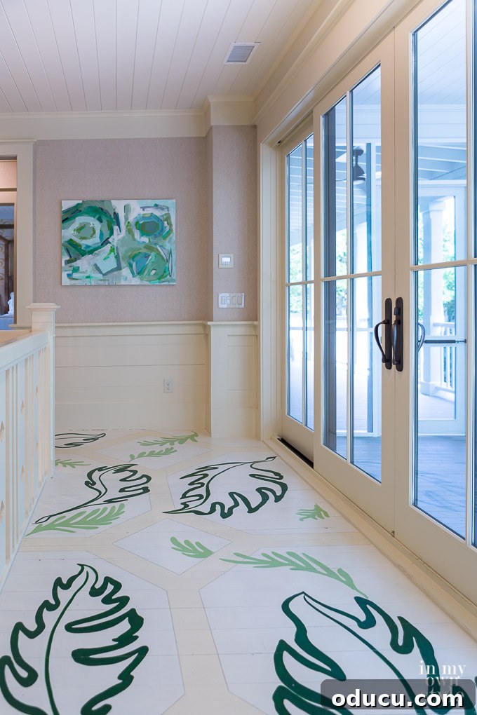 Design Dreams Unveiled at the Southern Living Idea House 26 Painted leaf floor design on the second floor landing of the Southern Living Idea House 2017