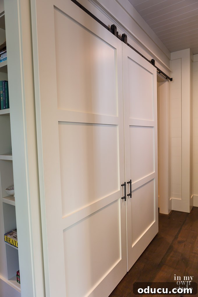 Design Dreams Unveiled at the Southern Living Idea House 40 Closed rolling door closet in the hallway of the Southern Living Idea House 2017, hinting at hidden storage