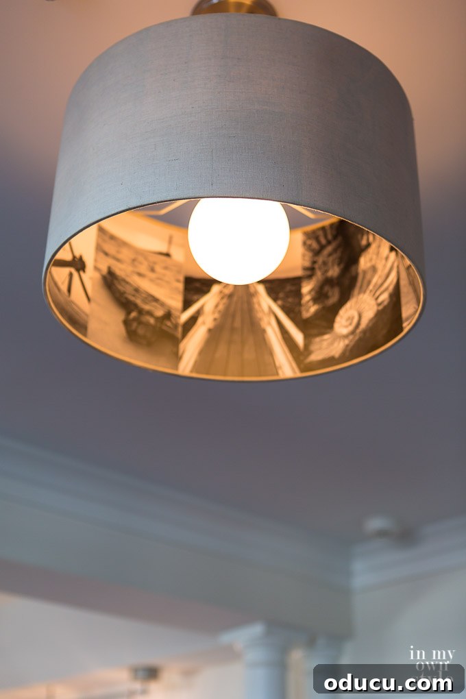 Design Dreams Unveiled at the Southern Living Idea House 9 Unique lampshade DIY idea featuring black and white island photos, seen at The Inn at Bald Head Island
