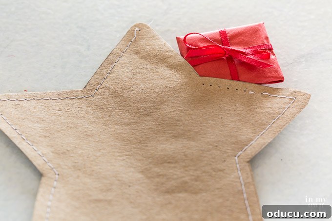 Hidden Treasure Star Ornament for Christmas 17 Placing surprise gift inside star before sewing closed.