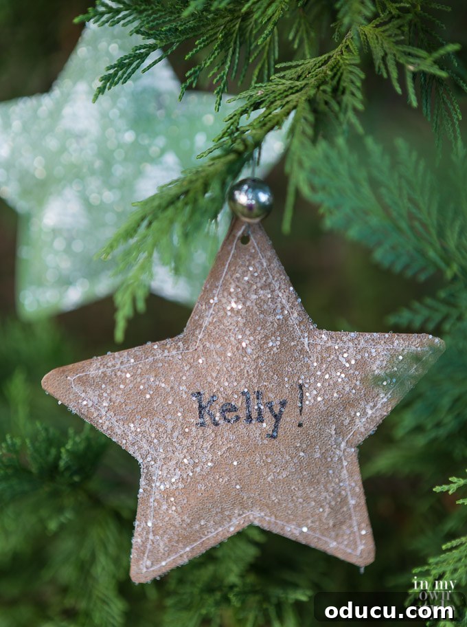 Hidden Treasure Star Ornament for Christmas 4 Brown paper star ornament that is glittered and had the name Kelly on it.