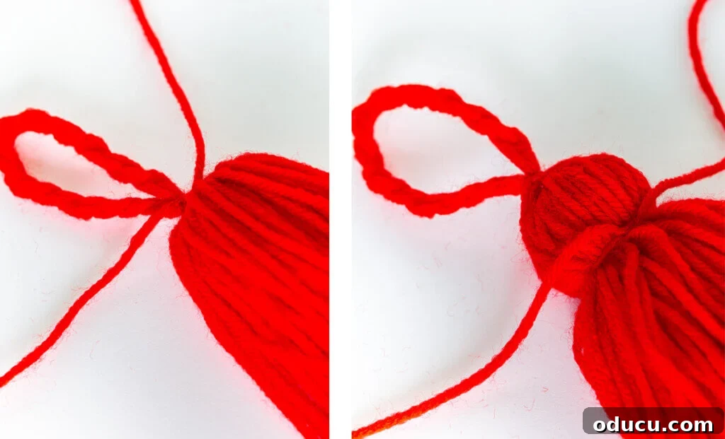 Craft Your Own Tassels: Elevate Your Home Decor 8 Attaching yarn ties to top of a red tassel