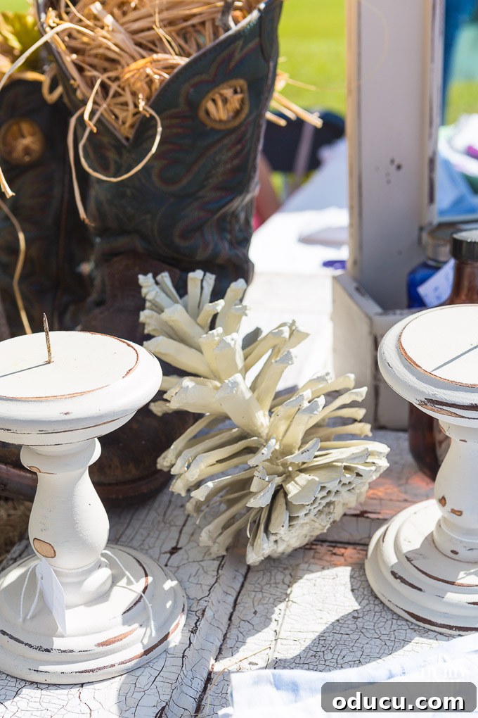 Rustic Riches: A French Flea Market Chronicle 30 Pinecone and candle holder display for rustic decor