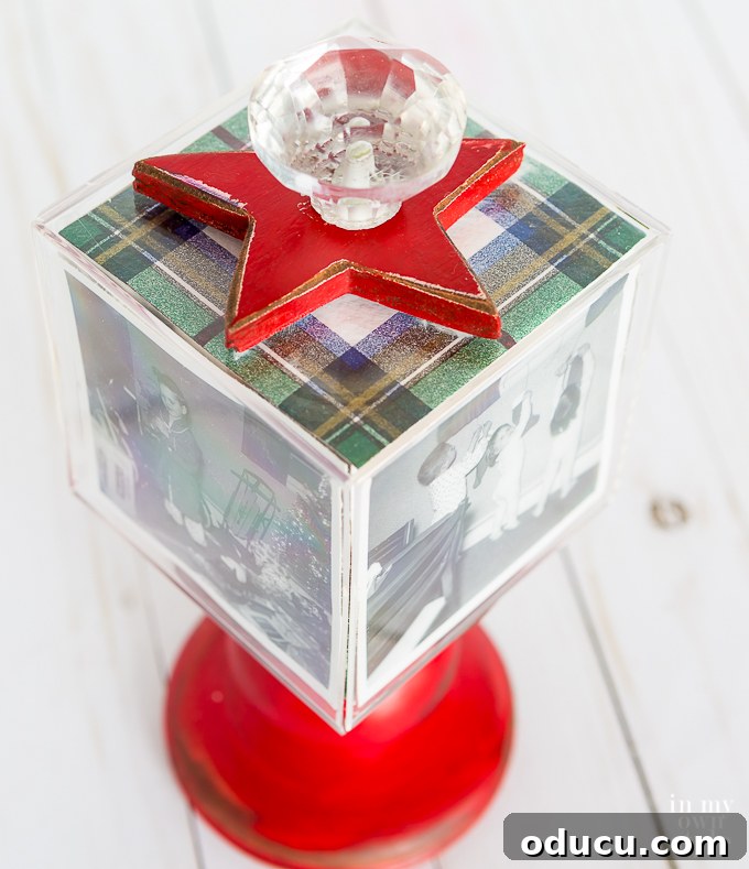 Elevated Christmas Photo Keepsake 18 Attaching star and knob to finished photo cube