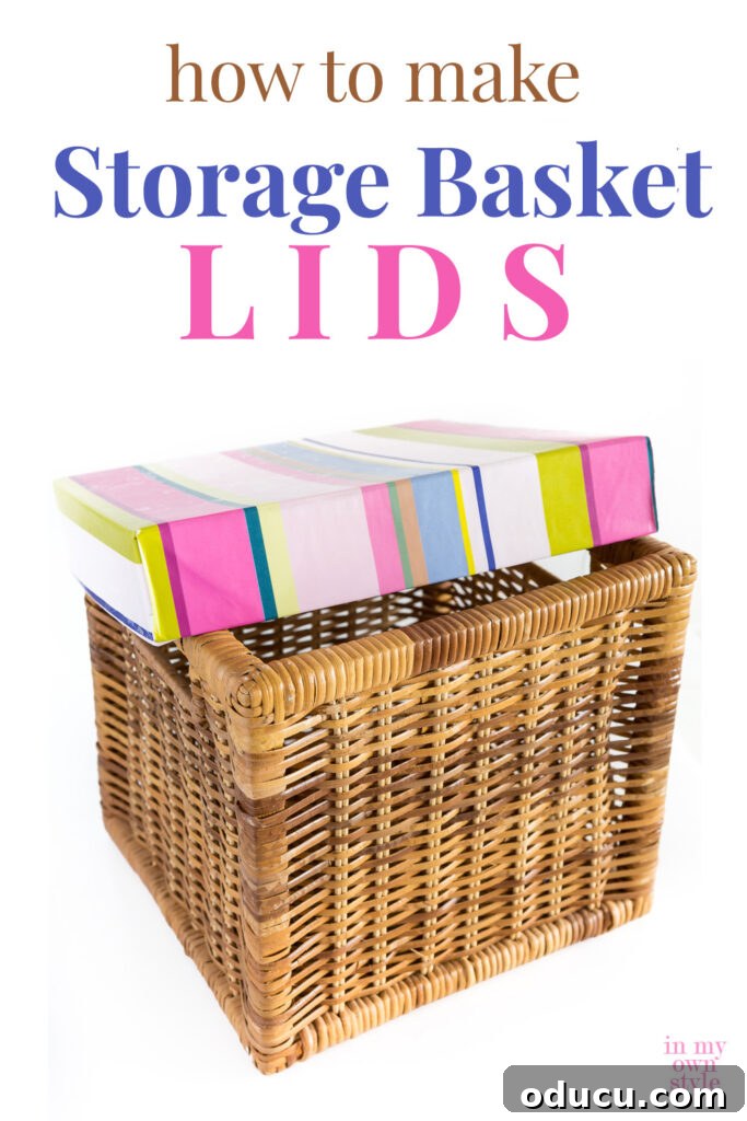 Create Custom Lids for Storage Baskets 13 Basket with a colorful, handmade lid on top. Text overlay reads 'How to make storage basket lids', emphasizing the DIY aspect.