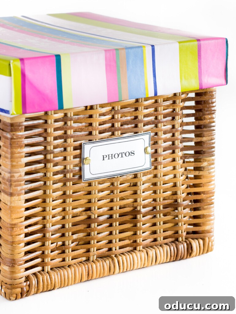 Create Custom Lids for Storage Baskets 4 Close-up photo of a finished, colorful handmade lid on a storage basket, highlighting its neat craftsmanship.