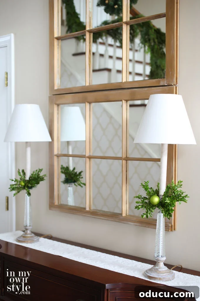 easy Christmas decor for buffet lamps on a sideboard