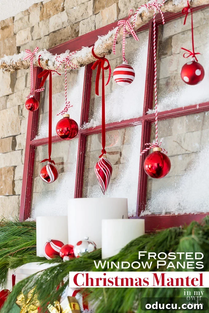 Christmas mantel decorating idea uses an old window sash or door insert. Step-by-step photo tutorial shows you how to make it. #christmas #mantels #mantle #christmasdecorations #christmasDIY Christmas mantel decorating idea that repurposes an old window sash to create a frosted window pane holiday mantel. #Christmasdecorations #ChristmasDIY, #ChristmasRepurposedDecor #TraditionalChristmasDecorations