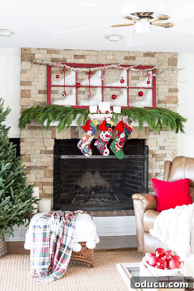 Frosted Window Mantelscape 8 Living room holiday mantel decorating idea