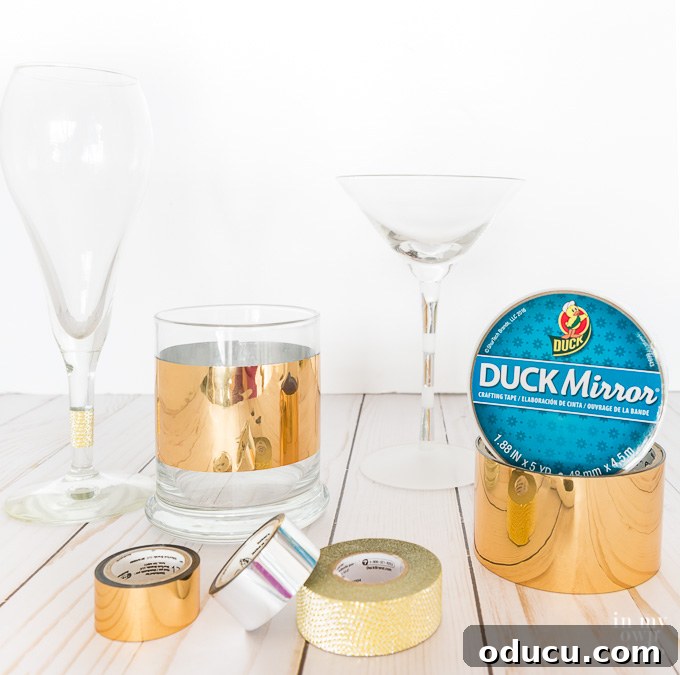 Quirky New Year Fun with Duck Mirrors and Texture Tape 12 Close-up of gold Duck Mirror Crafting Tape meticulously applied to glassware, highlighting its texture and shine