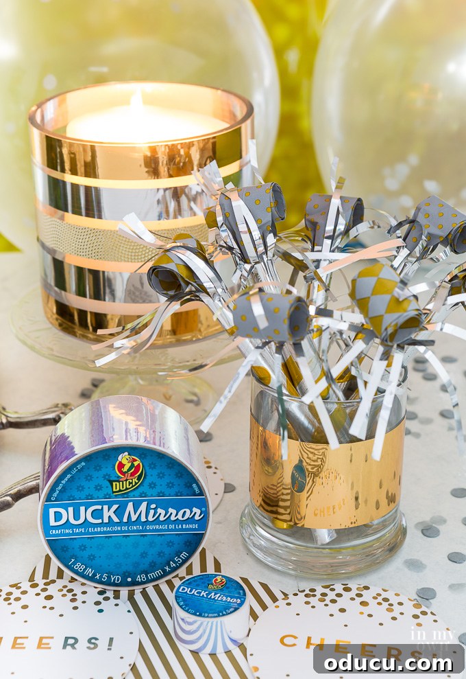 Quirky New Year Fun with Duck Mirrors and Texture Tape 14 DIY Gold and silver pillar candle holder for a New Year's Eve party, showcasing elegant Duck Tape designs