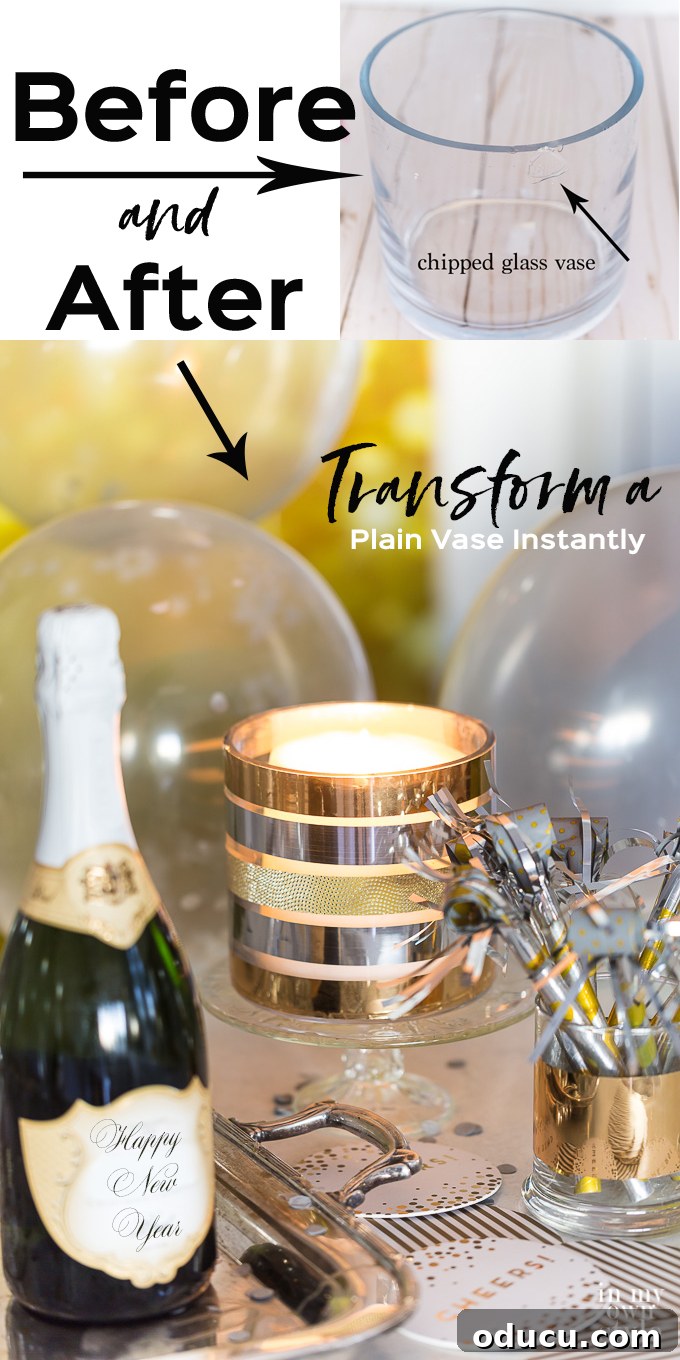 Quirky New Year Fun with Duck Mirrors and Texture Tape 15 Step-by-step guide on how to fix a chipped or cracked vase using decorative mirror tape. Features hashtags: #Ducktape #entertaining #candleholder. #mirrortape