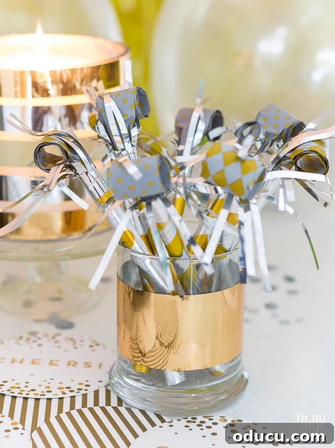 Quirky New Year Fun with Duck Mirrors and Texture Tape 6 Budget-friendly New Year's Eve party ideas featuring beautifully decorated glassware and a sparkling vase using Duck Tape
