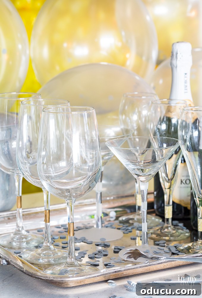 Quirky New Year Fun with Duck Mirrors and Texture Tape 7 Creative drink glass marker ideas using metallic Duck Tape on stemware and martini glasses for party guests