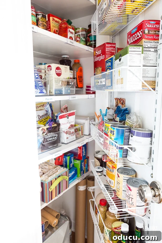 Pantry Closet Transformation 22 Organized pantry shelf with clear plastic bins and labeled items
