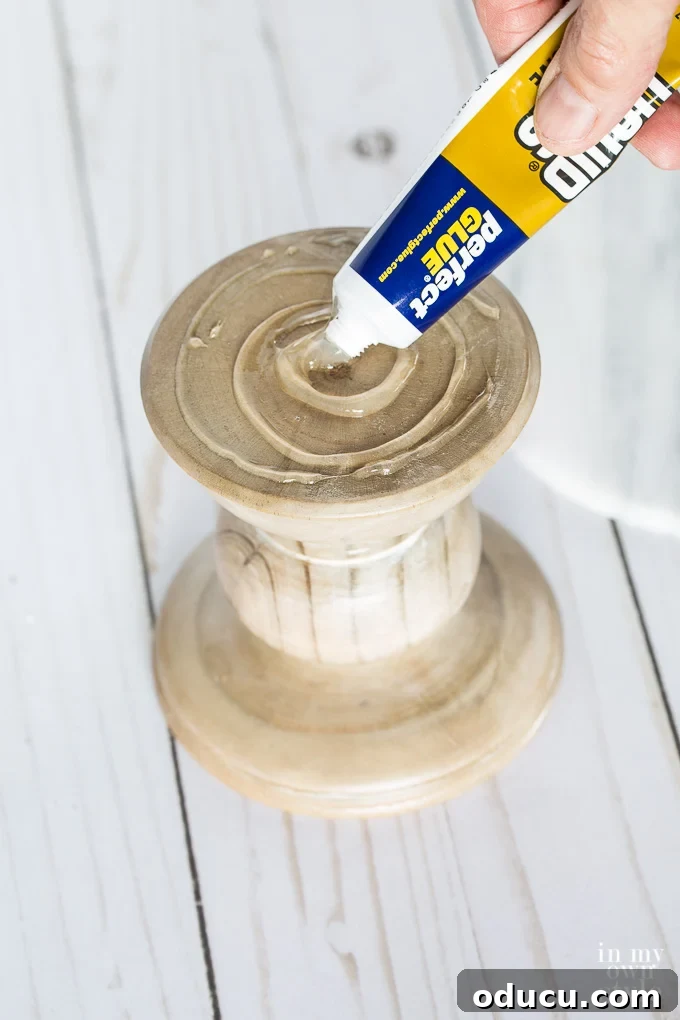 Wood and Marble Pedestal Stands Collection 20 Close-up of gluing a base to an upside-down plate