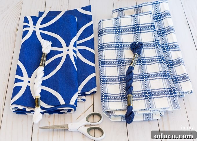 Turn Cloth Napkins into Unique Throw Pillow Covers 10 Step-by-step image showing how to prepare two cloth napkins for making a pillow cover, illustrating the initial setup.