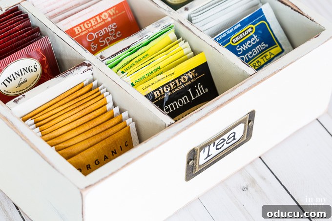 From Can to Craft: Leftover Chalk Paint Projects 4 A box used to organize and store tea bags after getting a make over with leftover chalk paint