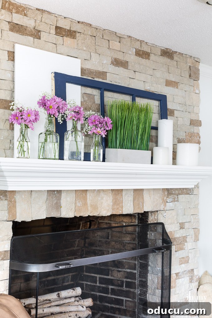 From Old to New: Spring Mantel Decor with Upcycled Finds 6 Pink and green spring mantel decor using glass bottles and repurposed items