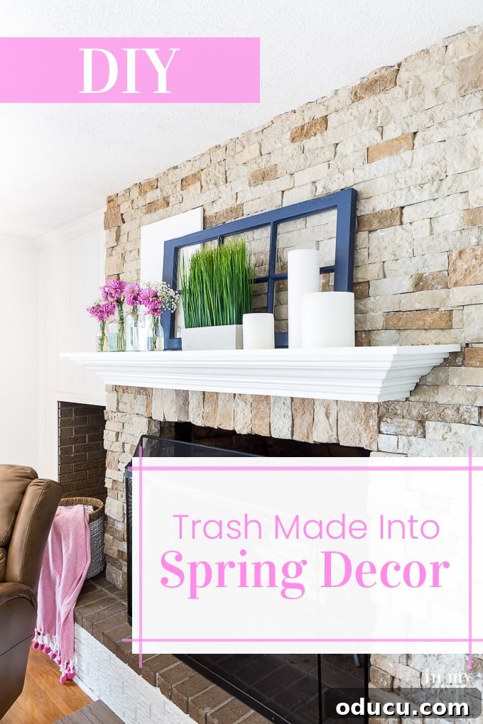 Don't throw it out, use bottles and other items you toss to create Spring decor that will fit even the smallest decorating budgets. #spring #springdecor #repurposedecor #trashtotreasure Stone fireplace and white mantel with pink and blue spring decor using recycled bottles