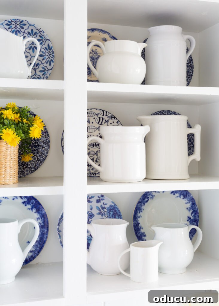 A collection of white ceramic pitchers displayed on open shelves in a kitchen, showcasing varying sizes and textures.