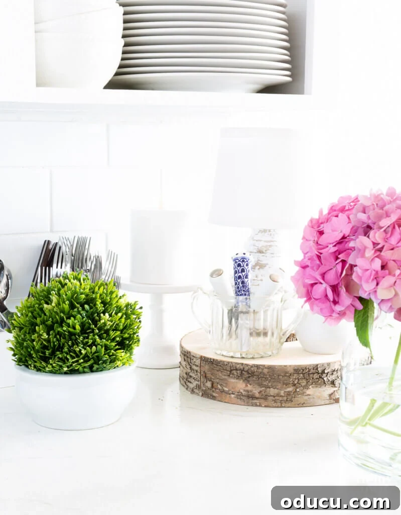 A small plant and fresh flowers in a vase on a kitchen counter.