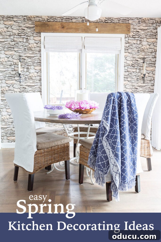 Easy spring kitchen decorating ideas: blue and white kitchen with rustic accents and fresh spring touches.
