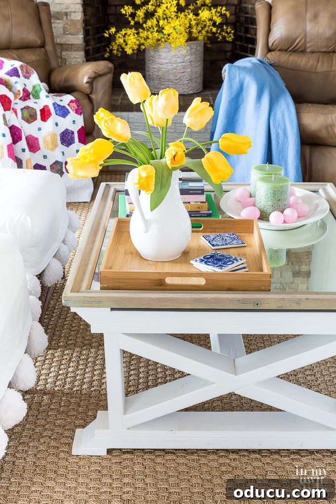 Effortless Spring Coffee Table Tray Decor 4 Before shot of the wood tray, ready for spring living room coffee table styling.