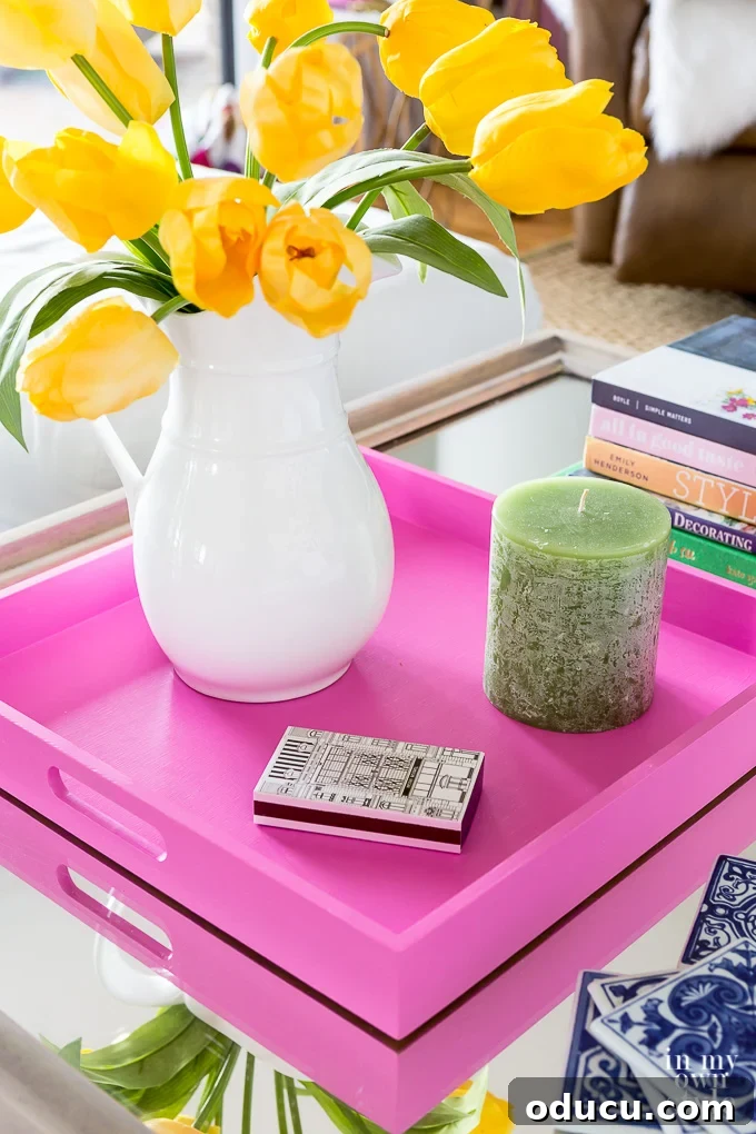 Effortless Spring Coffee Table Tray Decor 8 Spring decorating made easy and on a budget with this spring coffee table styling tray hack – the final look.