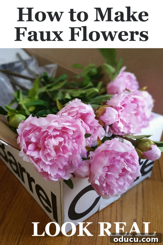 Mastering Faux Florals: Top 12 Decorating Secrets 19 Pink peonies in a crate and barrel box. Text overlay says How to make faux flowers look. real.